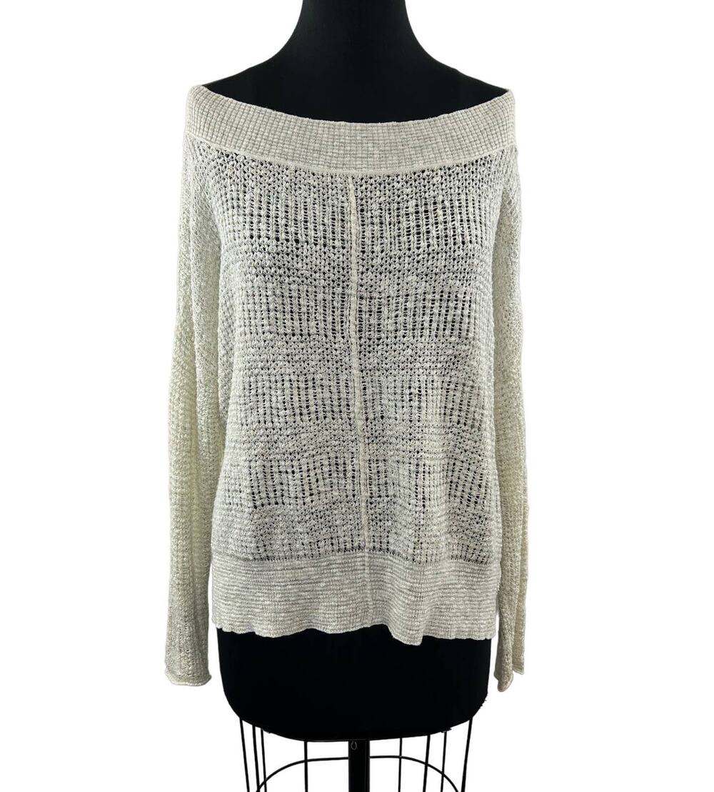 FREE PEOPLE Cream Cotton Linen Blend Long Sleeve Off The Shoulder Knit Top Sz S